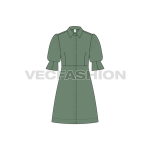 A vector fashion template for Women's Long Shirt Dress with Blouse Sleeves. It has short sleeves a dominant design style cuff near elbow. 