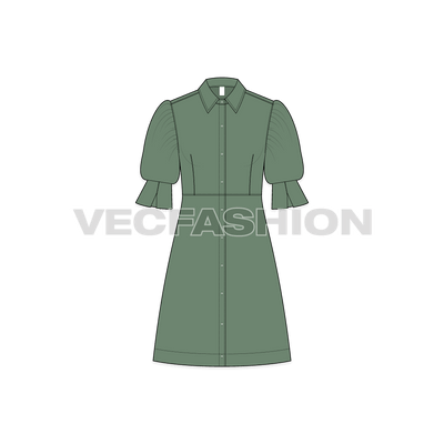 A vector fashion template for Women's Long Shirt Dress with Blouse Sleeves. It has short sleeves a dominant design style cuff near elbow. 