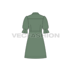 Womens long shirt dress with blouse sleeves flat sketch, back view