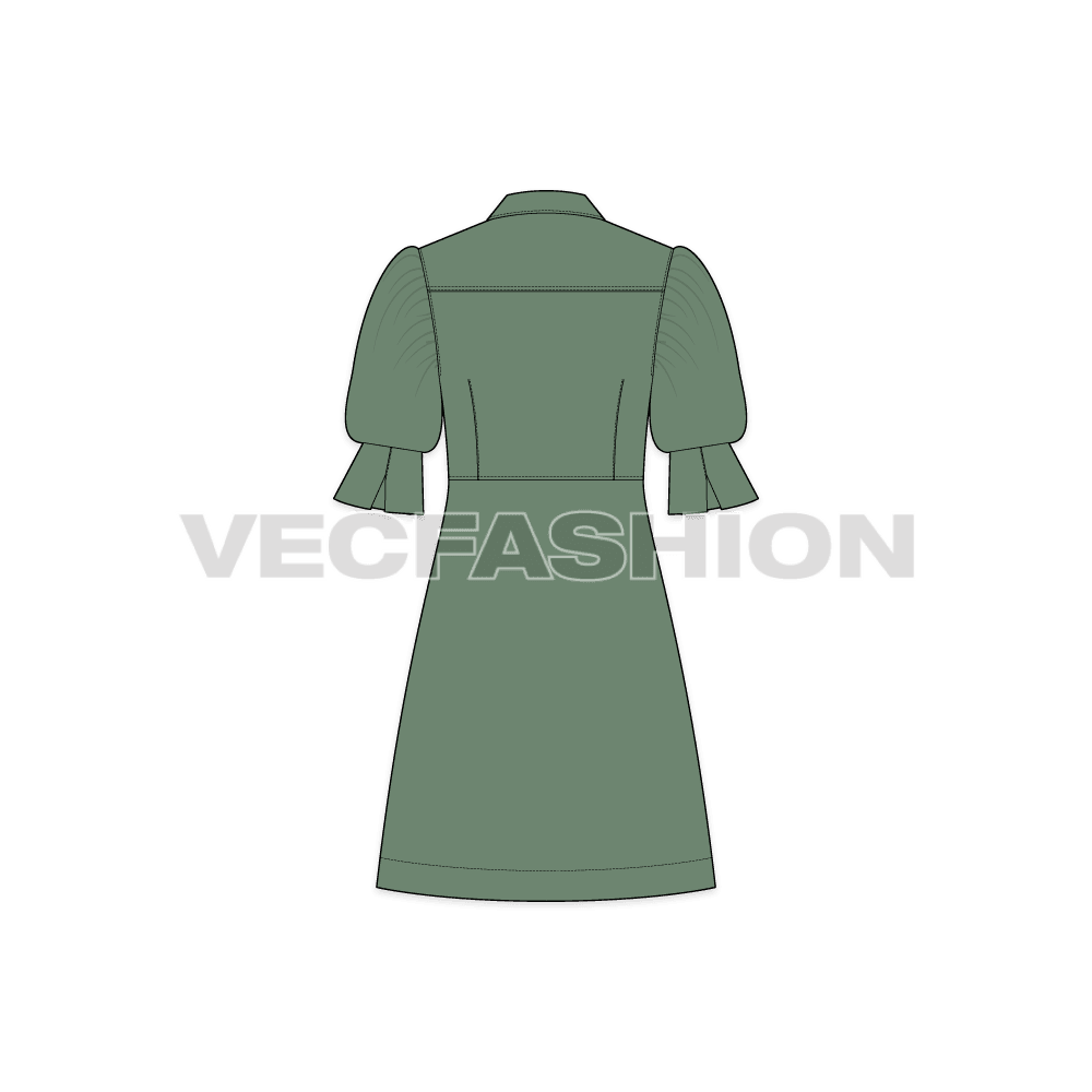 Womens long shirt dress with blouse sleeves flat sketch, back view
