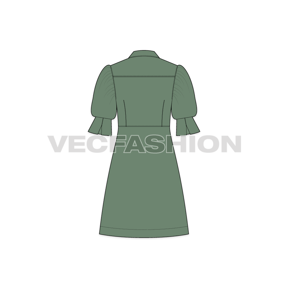 A vector fashion template for Women's Long Shirt Dress with Blouse Sleeves. It has short sleeves a dominant design style cuff near elbow. 