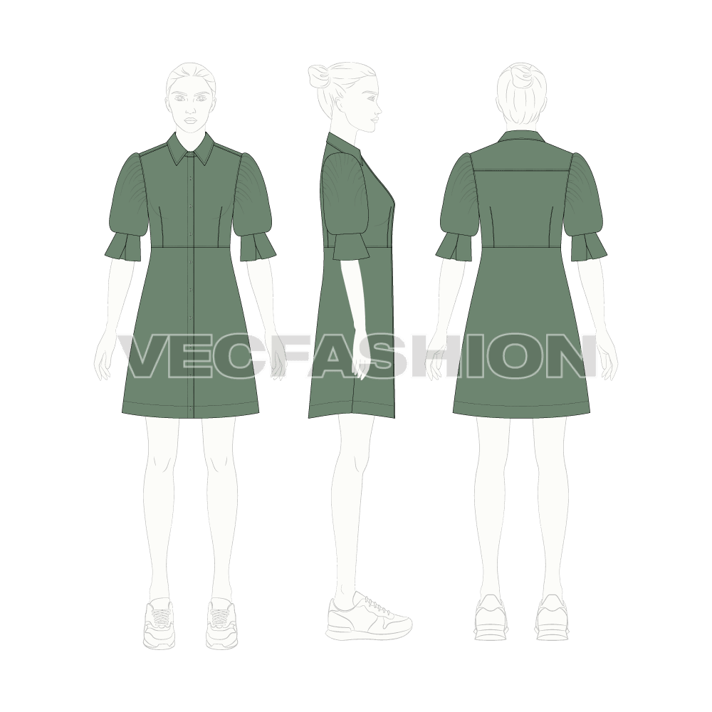 Womens long shirt dress with blouse sleeves flat sketch, croqui sketch