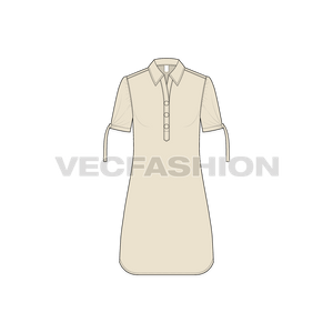 A vector illustrator template for Women's Long Shirt with Knotted Sleeves. It has short sleeves with knot detailing on sleeve hem. The bottom hem is round at the hem and the button placket is long.