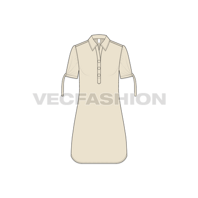 A vector illustrator template for Women's Long Shirt with Knotted Sleeves. It has short sleeves with knot detailing on sleeve hem. The bottom hem is round at the hem and the button placket is long.