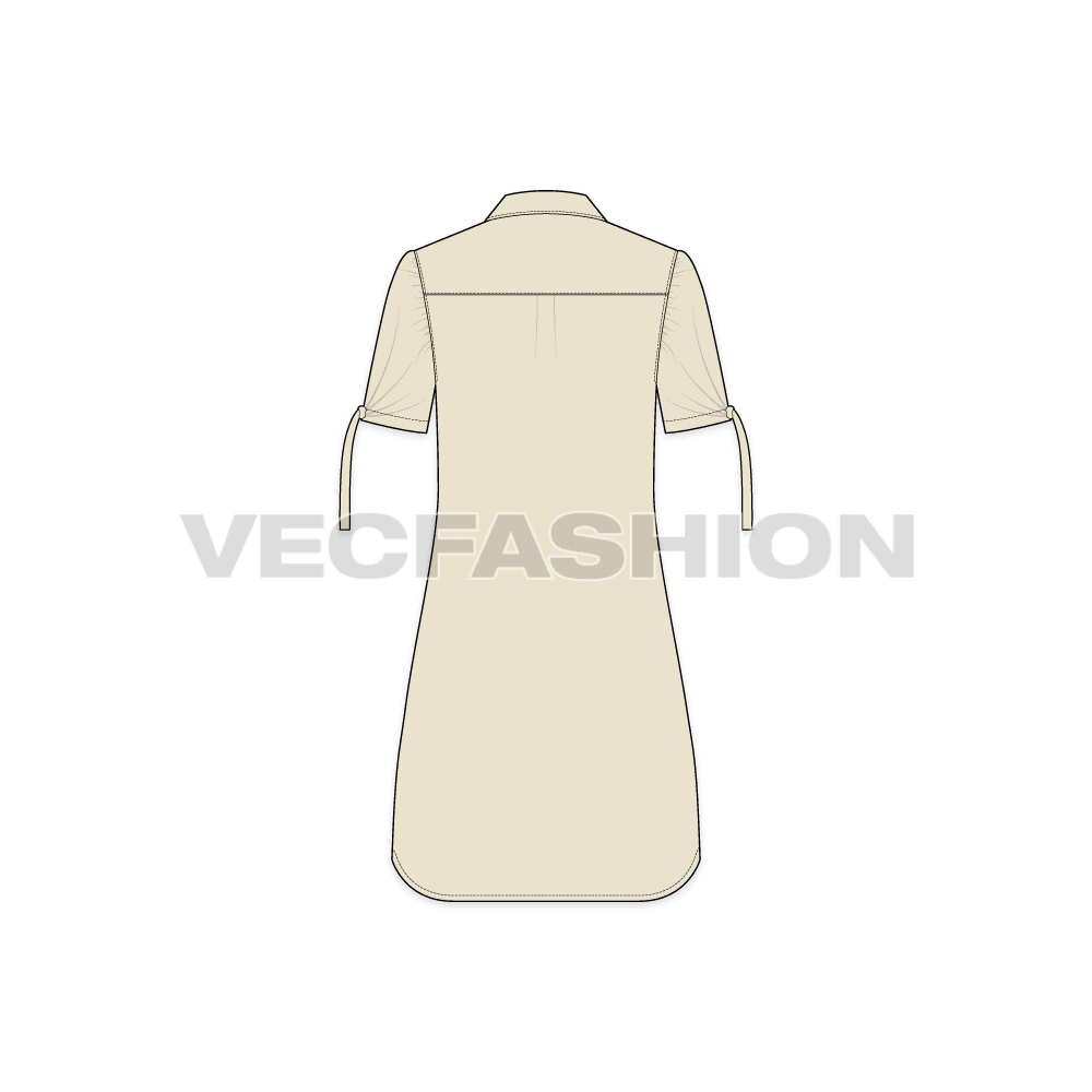 A vector illustrator template for Women's Long Shirt with Knotted Sleeves. It has short sleeves with knot detailing on sleeve hem. The bottom hem is round at the hem and the button placket is long.