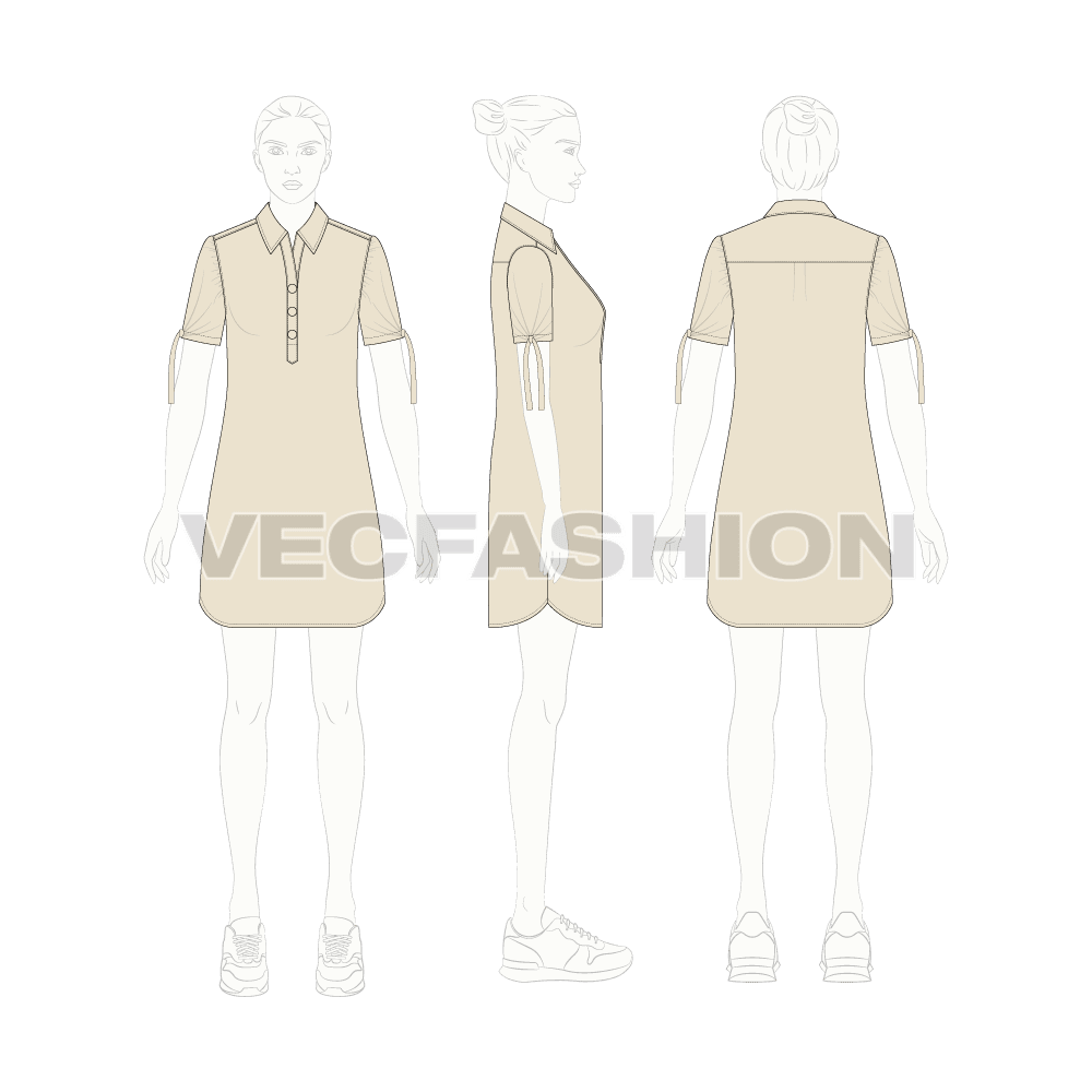 Womens long shirt with knotted sleeves flat sketch, croqui sketch