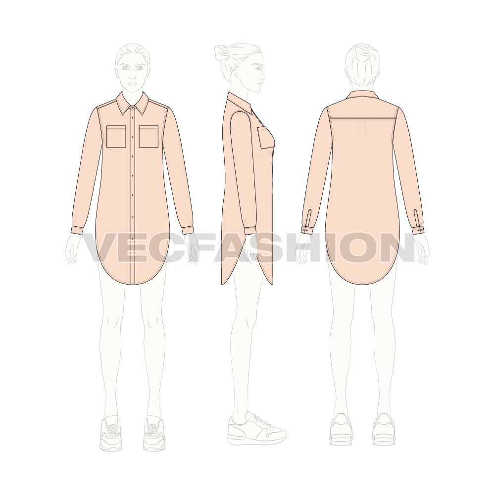 Womens long shirt with scoop hem flat sketch, croqui sketch