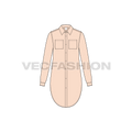 Womens long shirt with scoop hem flat sketch, front view