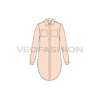 Womens long shirt with scoop hem flat sketch, front view