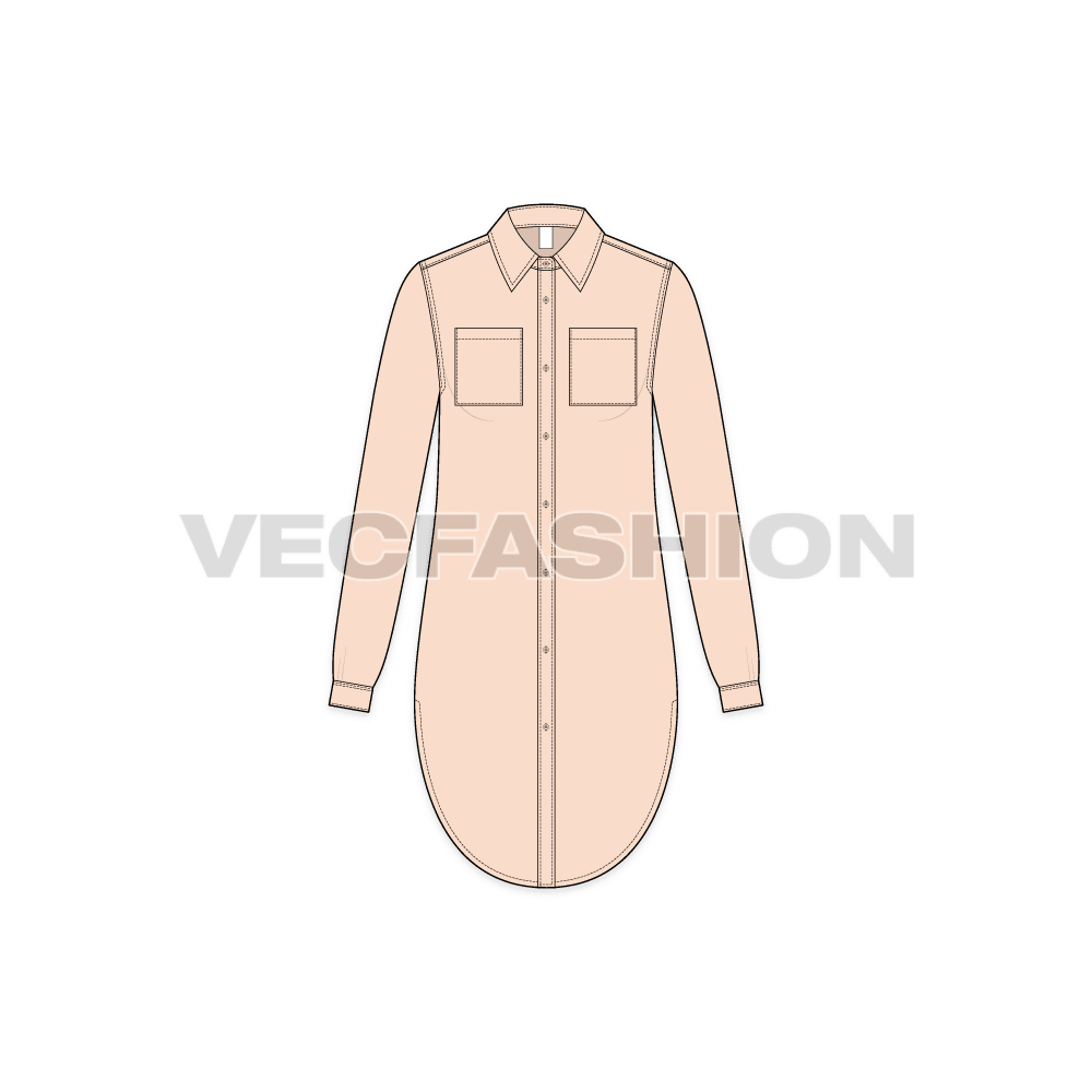 Womens long shirt with scoop hem flat sketch, front view