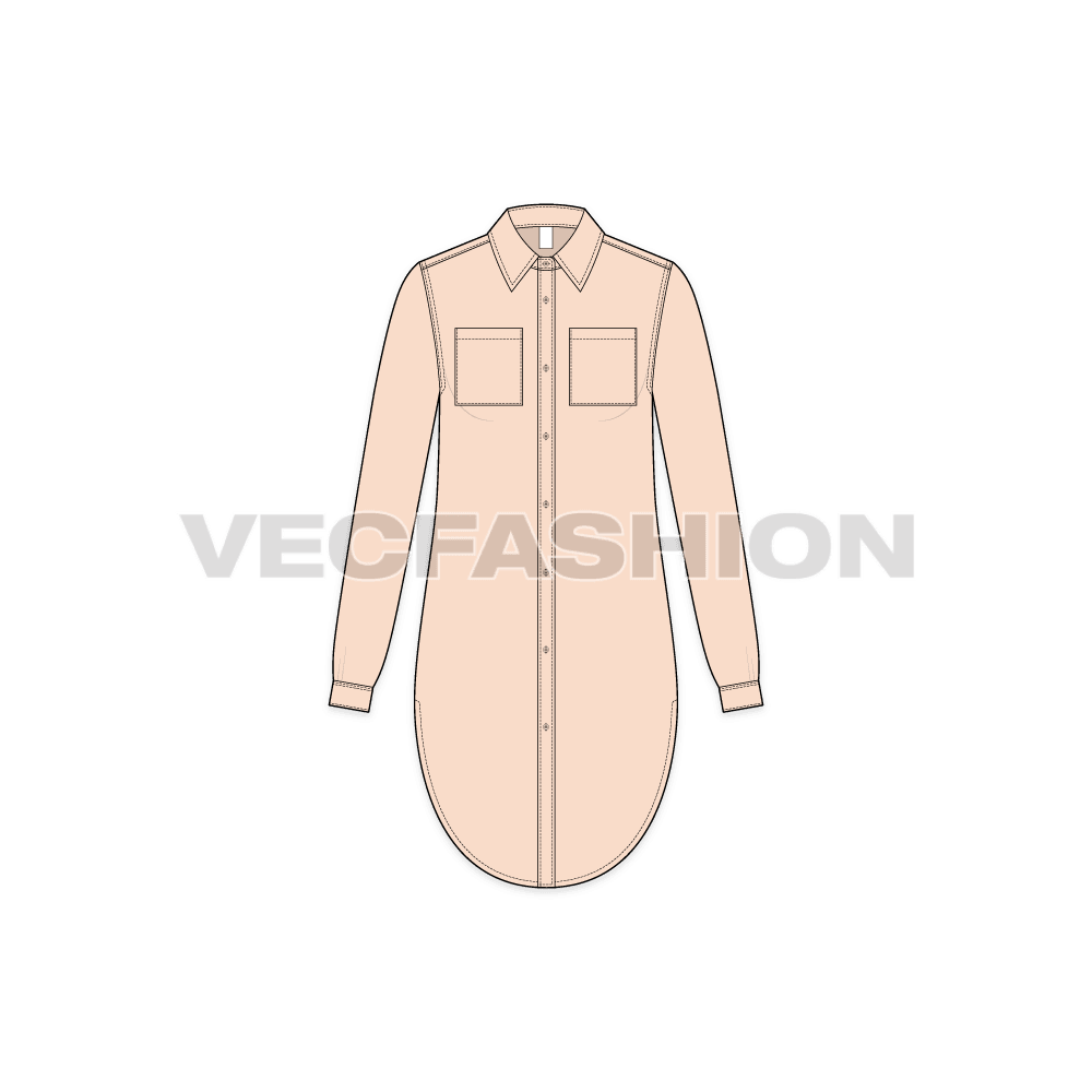 A vector fashion template for Womens Long Shirt with Scoop Hem. It has two pockets on chest, a shirt collar and scoop hem with long length front open shirt vector.