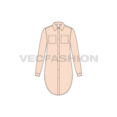 A vector fashion template for Womens Long Shirt with Scoop Hem. It has two pockets on chest, a shirt collar and scoop hem with long length front open shirt vector.