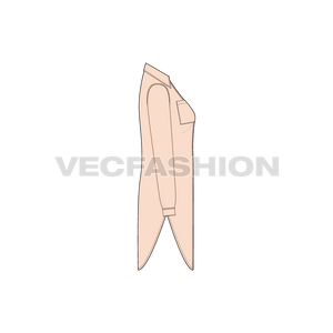 A vector fashion template for Womens Long Shirt with Scoop Hem. It has two pockets on chest, a shirt collar and scoop hem with long length front open shirt vector.