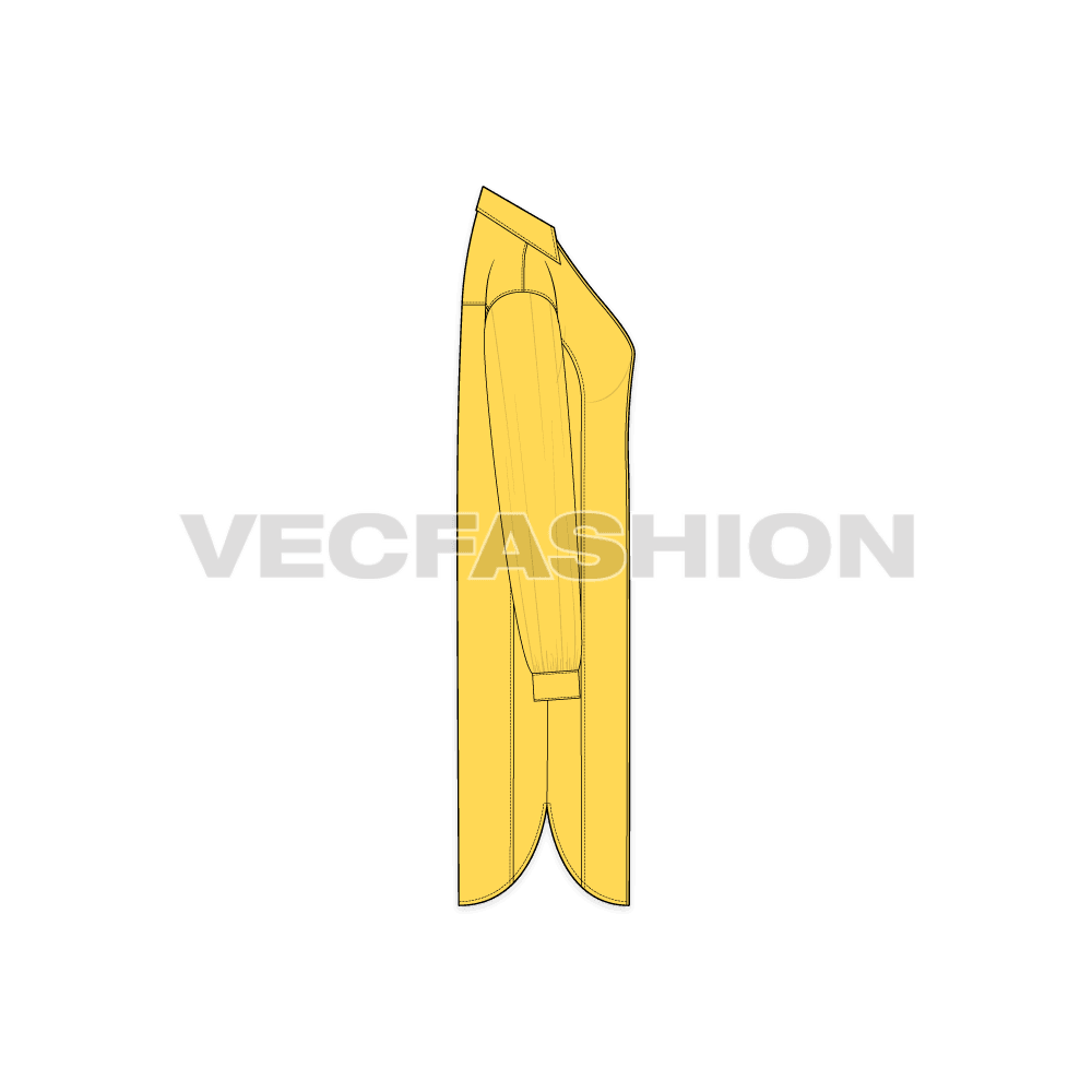 Womens long shirt with side panels flat sketch, side view