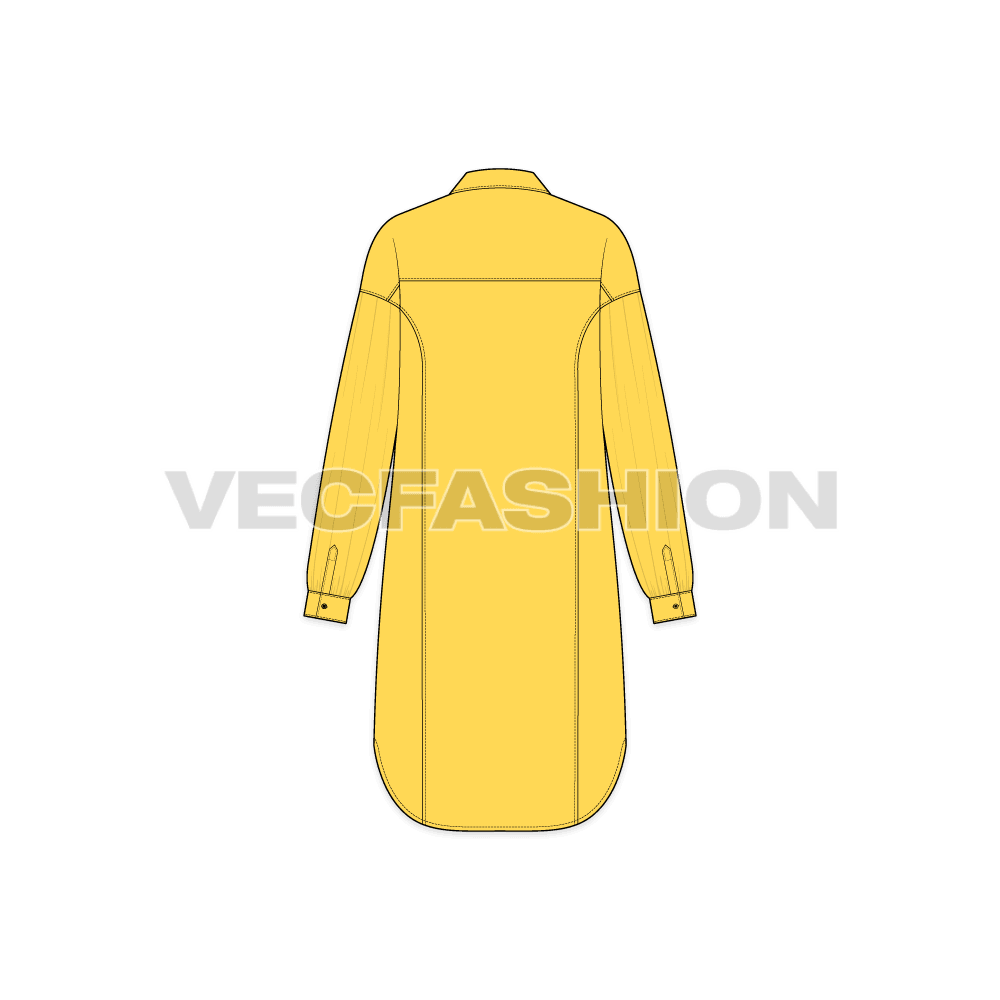 Womens long shirt with side panels flat sketch, back view