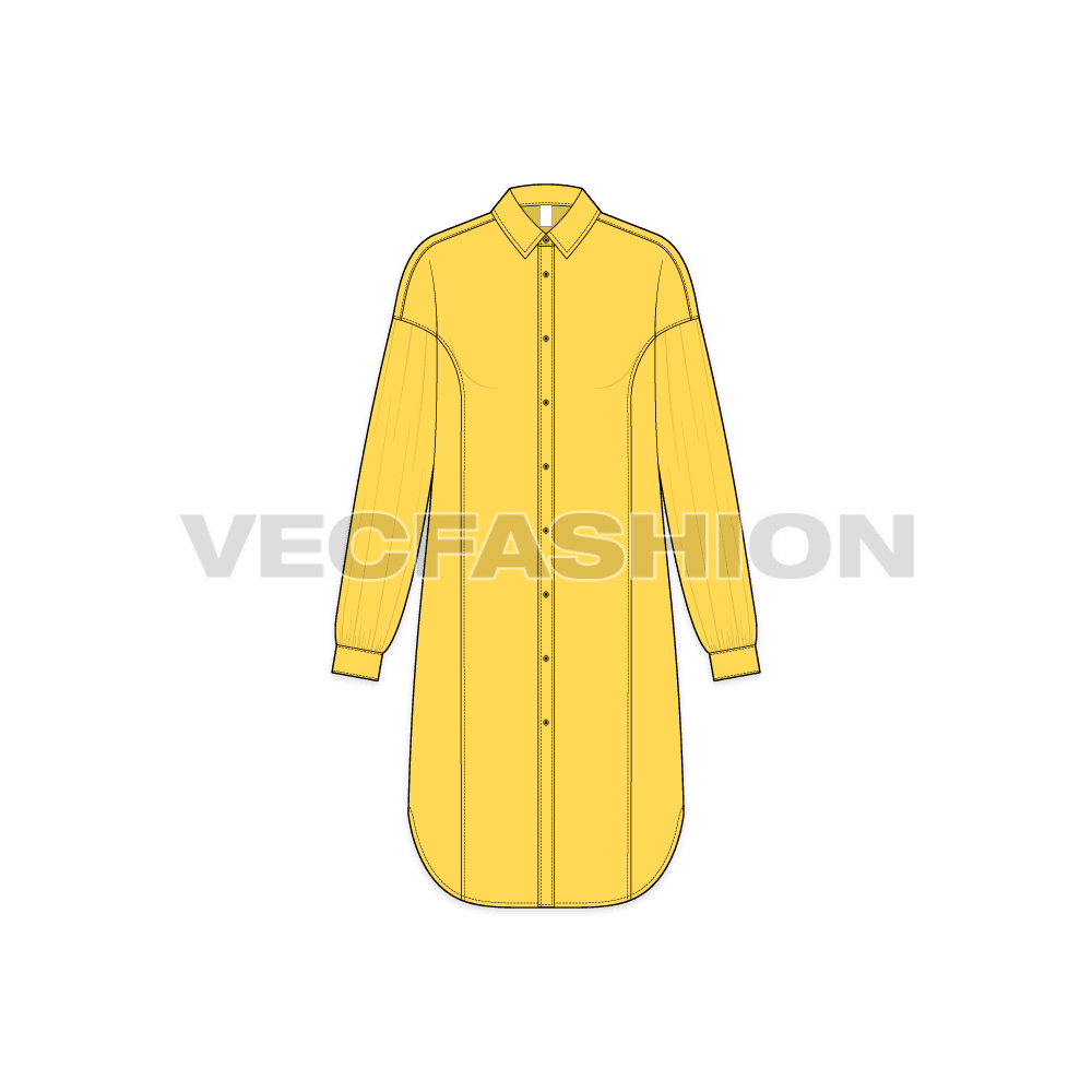 Womens long shirt with side panels flat sketch, front view