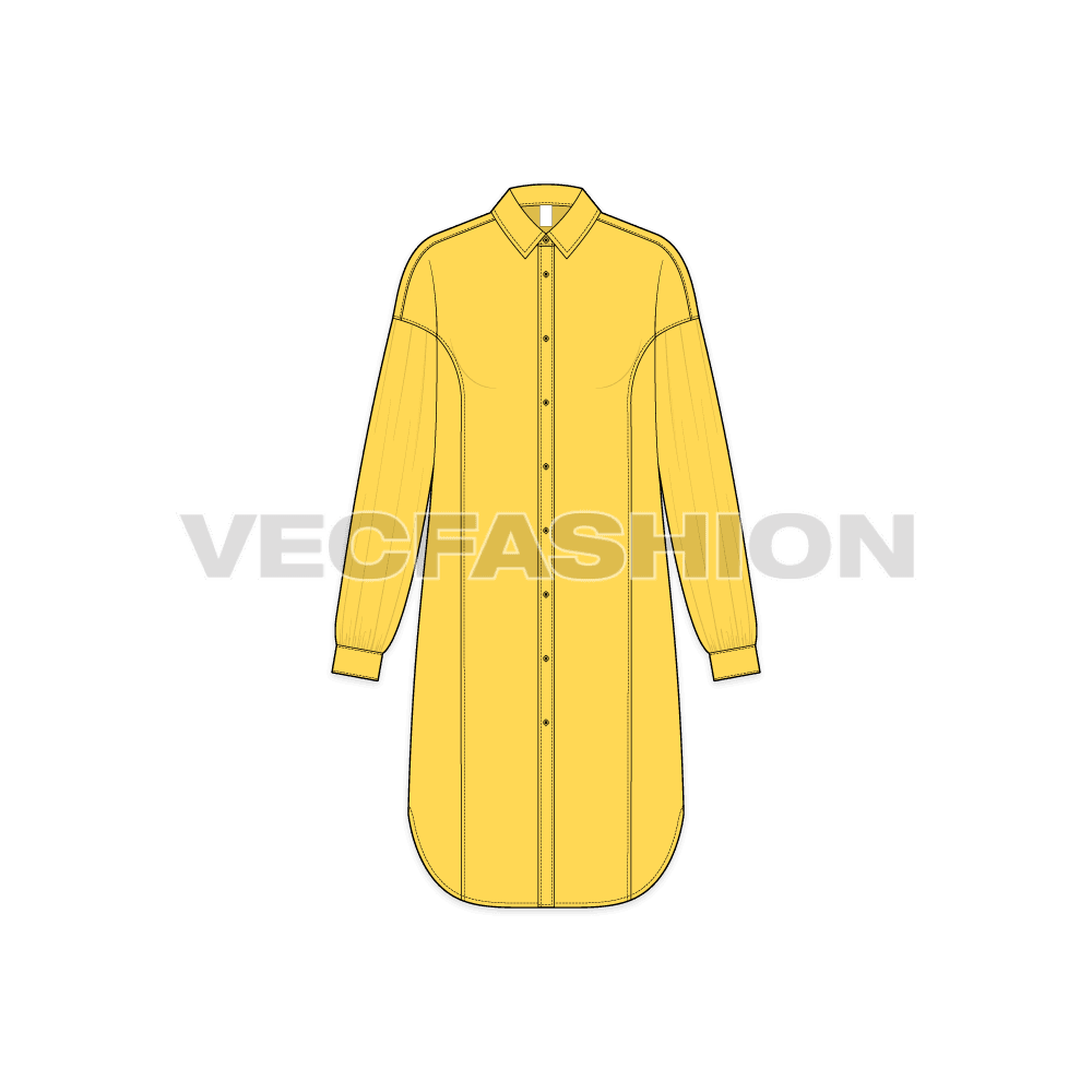 A vector illustrator template for Women's Long Shirt with Side Panels. It has a lose fit with long length coming till knee level. It has princess cutline on sides and round hem shape at the bottom.