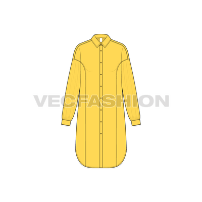 A vector illustrator template for Women's Long Shirt with Side Panels. It has a lose fit with long length coming till knee level. It has princess cutline on sides and round hem shape at the bottom.