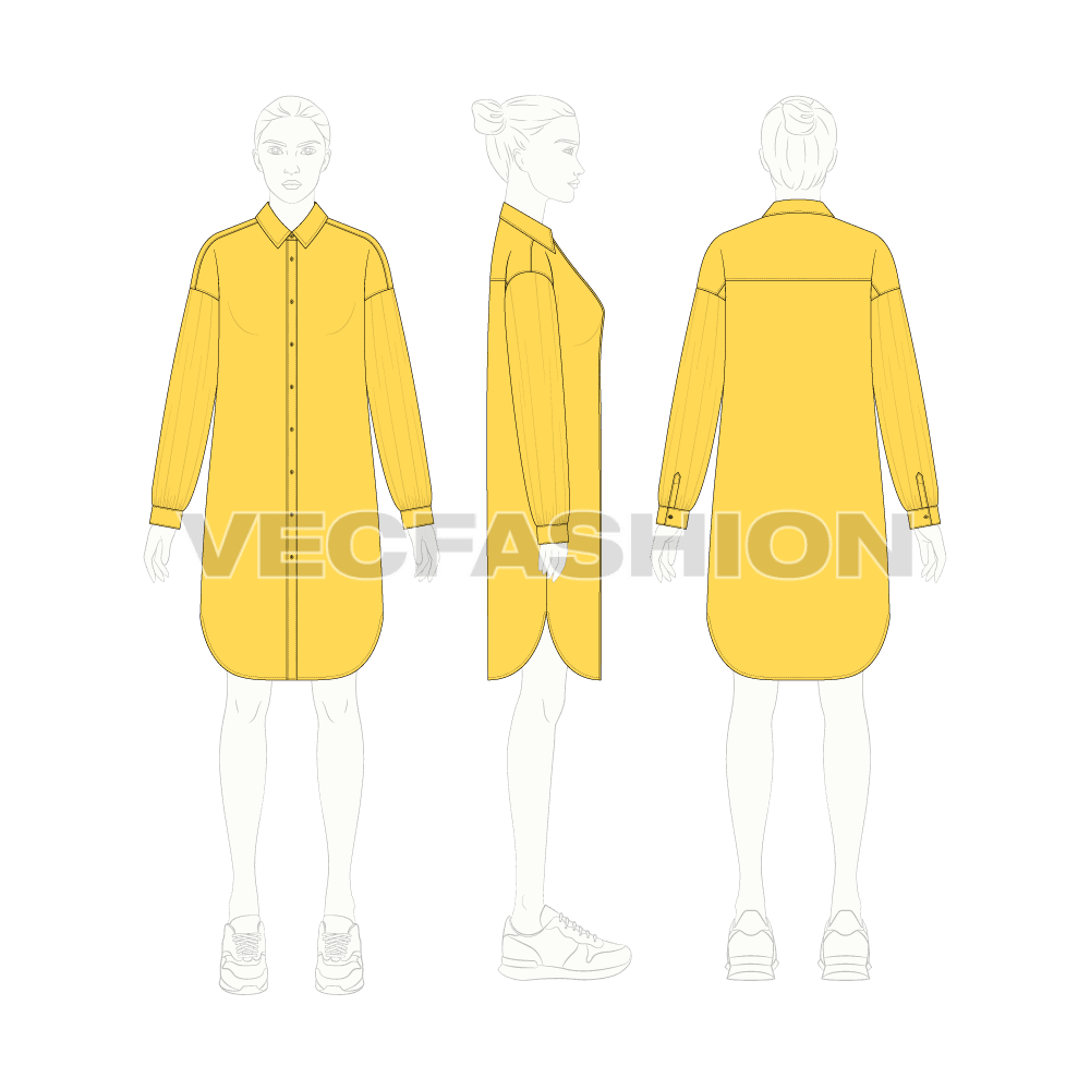 Womens long shirt with side panels flat sketch, croqui sketch