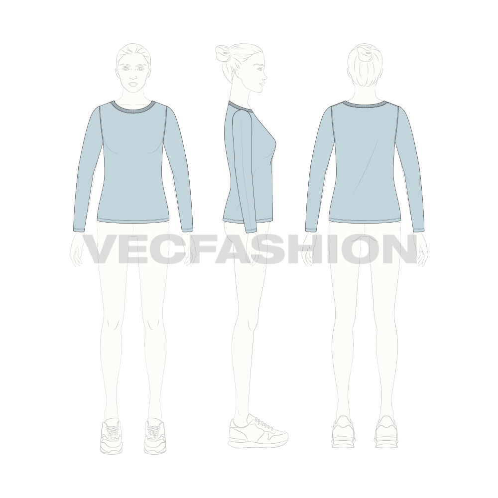 Womens long sleeve boat neck tee flat sketch, croqui sketch