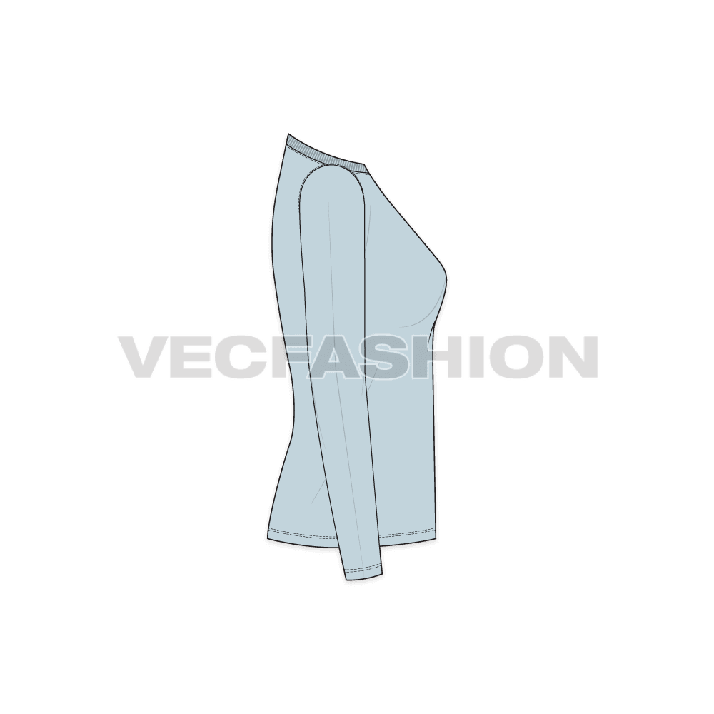 Womens long sleeve boat neck tee flat sketch, side view