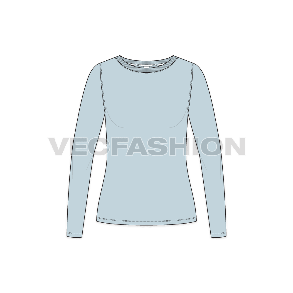 Womens long sleeve boat neck tee flat sketch, front view