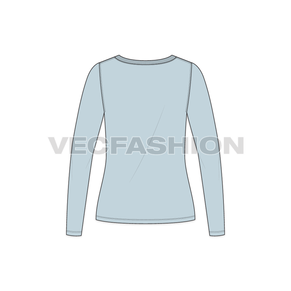Womens long sleeve boat neck tee flat sketch, back view