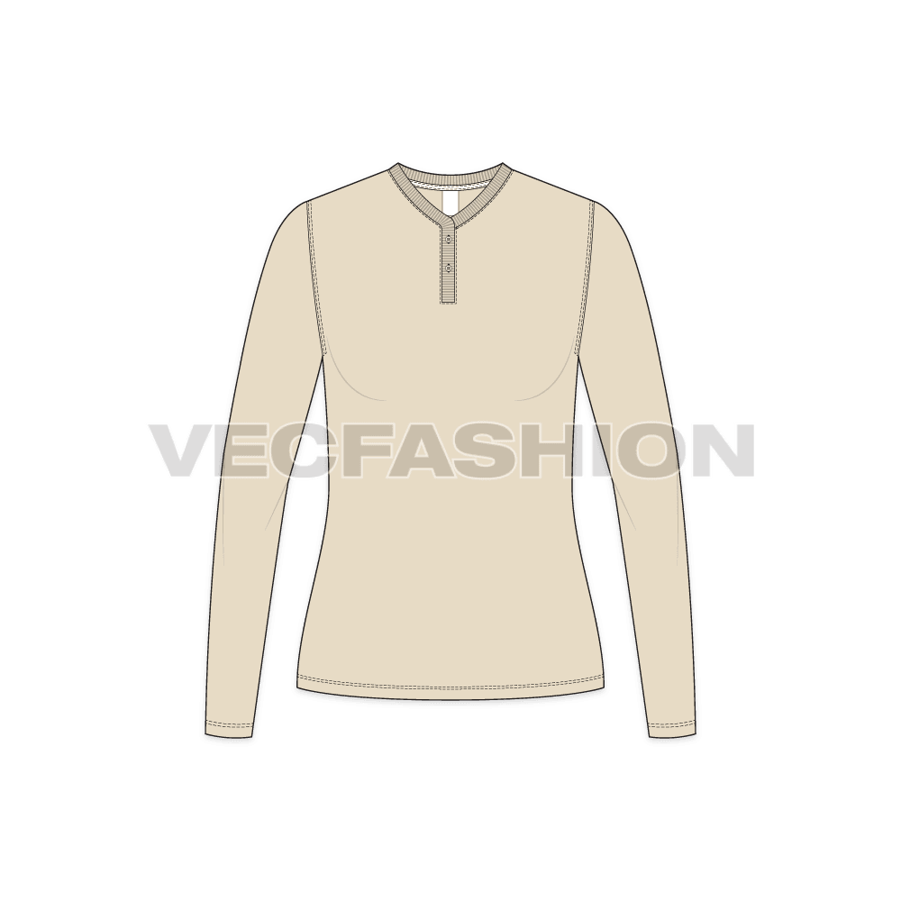 Womens long sleeve henley neck flat sketch, front view