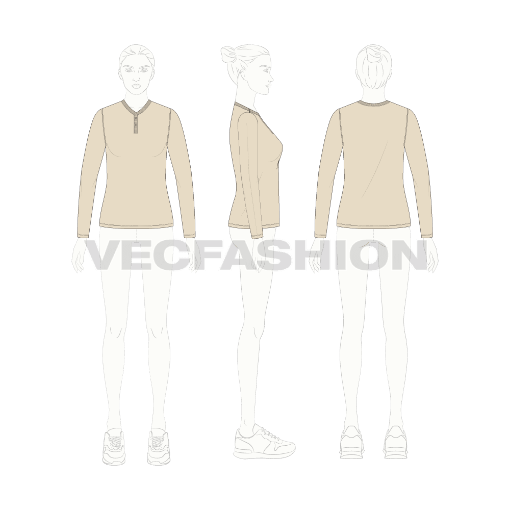 Womens long sleeve henley neck flat sketch, croqui sketch