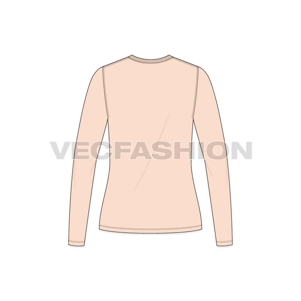 Womens long sleeve open neck tee flat sketch, back view
