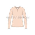 Womens long sleeve open neck tee flat sketch, front view