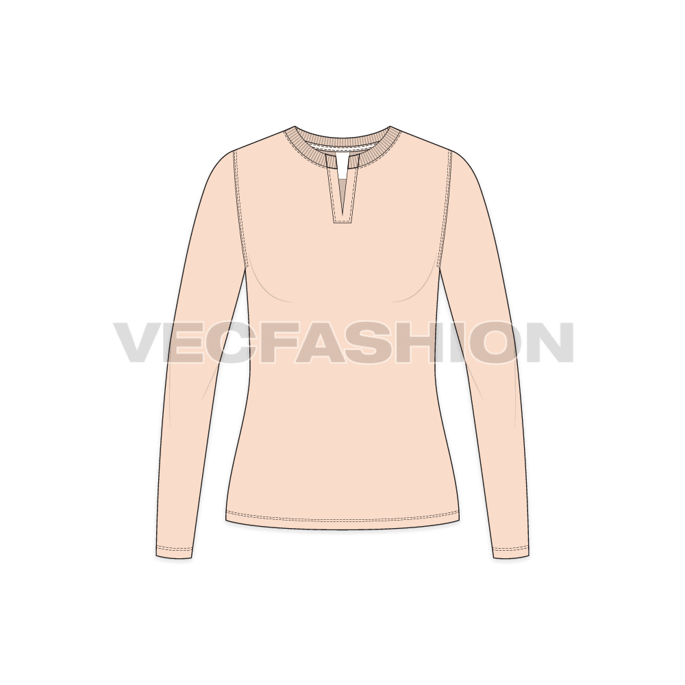 Womens long sleeve open neck tee flat sketch, front view