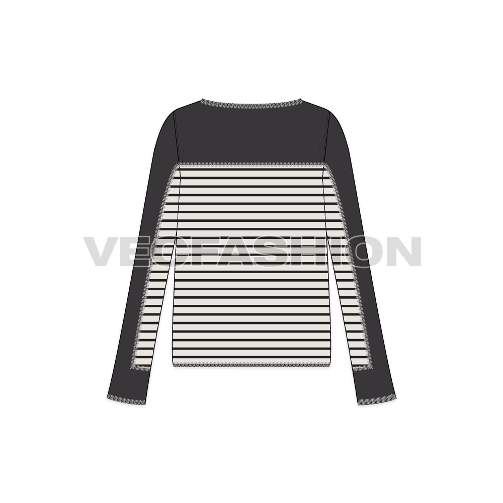 A fashion statement template designed for Women's Long Sleeve Tunic Sweater. This template is having Color Blocked Panels on Body and Sleeves with Yarn-dyed Fabric.