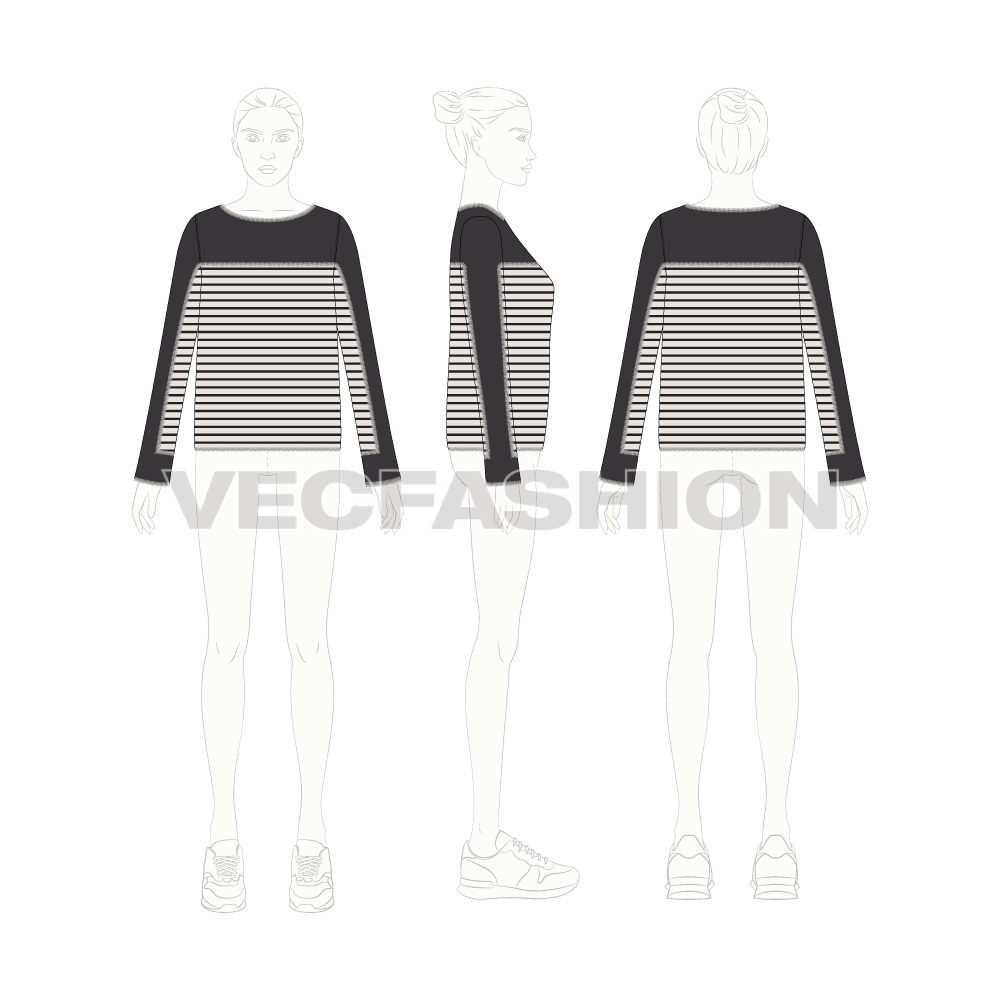 Womens long sleeve tunic sweater flat sketch, croqui sketch
