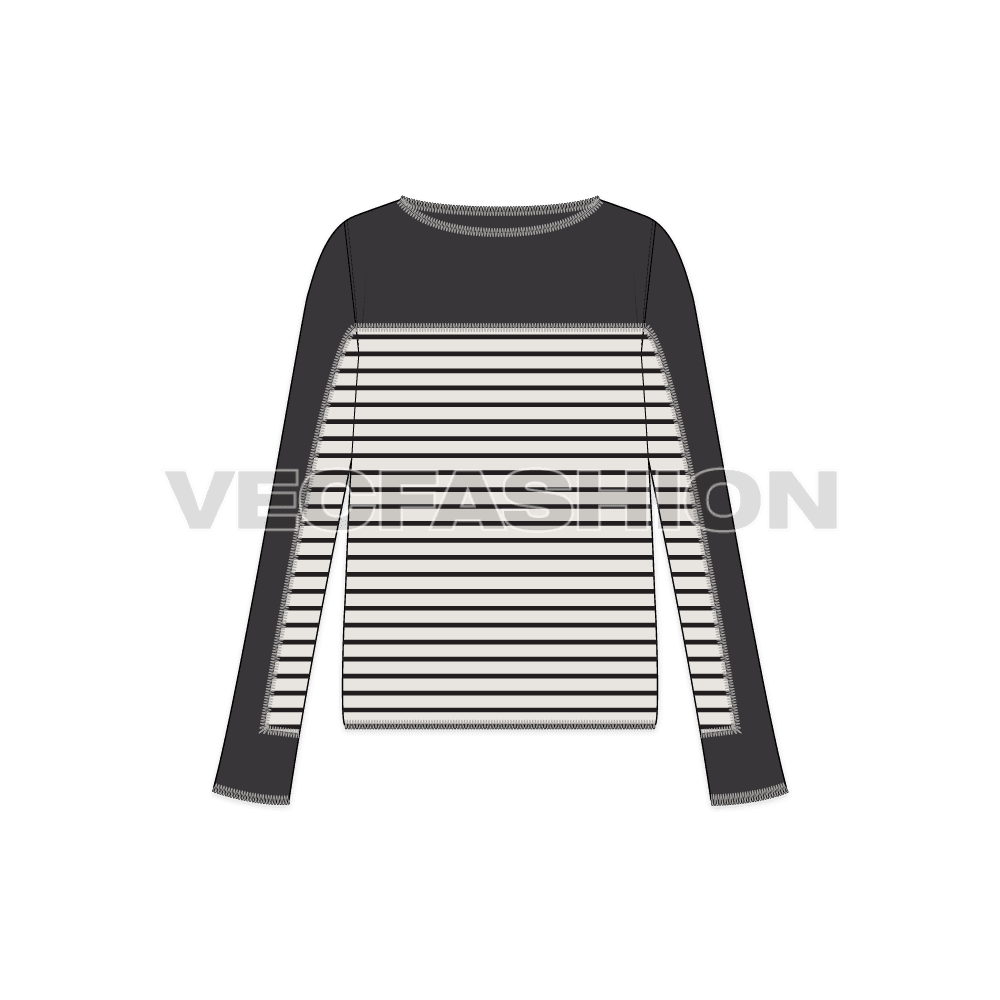 A fashion statement template designed for Women's Long Sleeve Tunic Sweater. This template is having Color Blocked Panels on Body and Sleeves with Yarn-dyed Fabric.