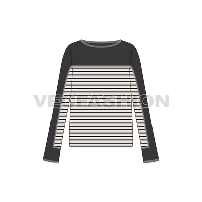 A fashion statement template designed for Women's Long Sleeve Tunic Sweater. This template is having Color Blocked Panels on Body and Sleeves with Yarn-dyed Fabric.