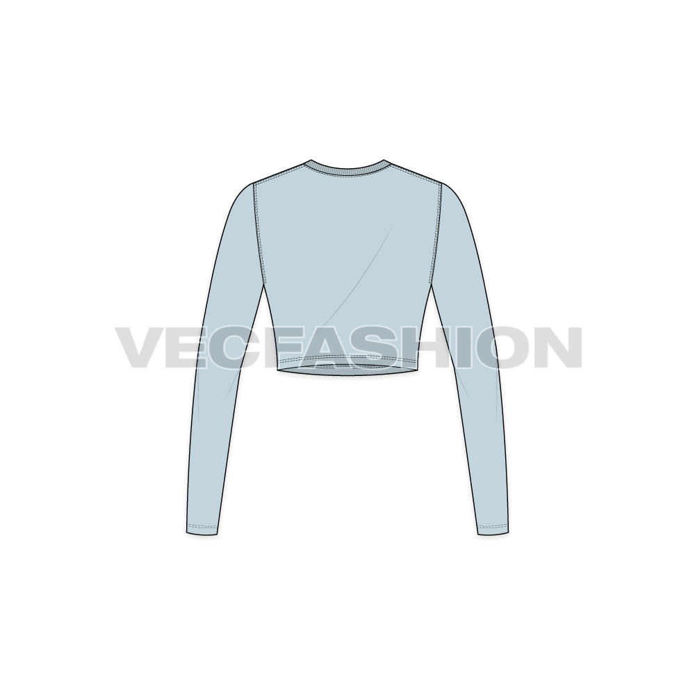Womens long sleeve v-neck crop tee flat sketch, back view