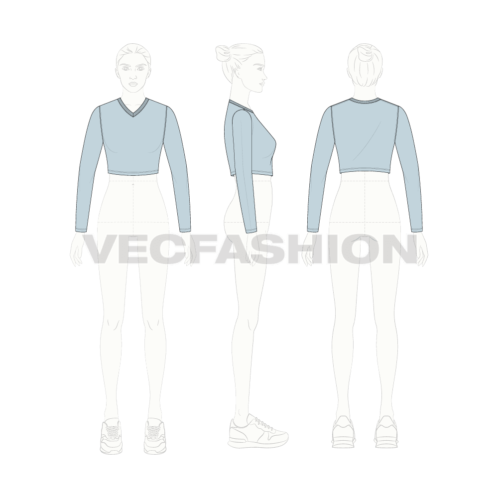 Womens long sleeve v-neck crop tee flat sketch, croqui sketch