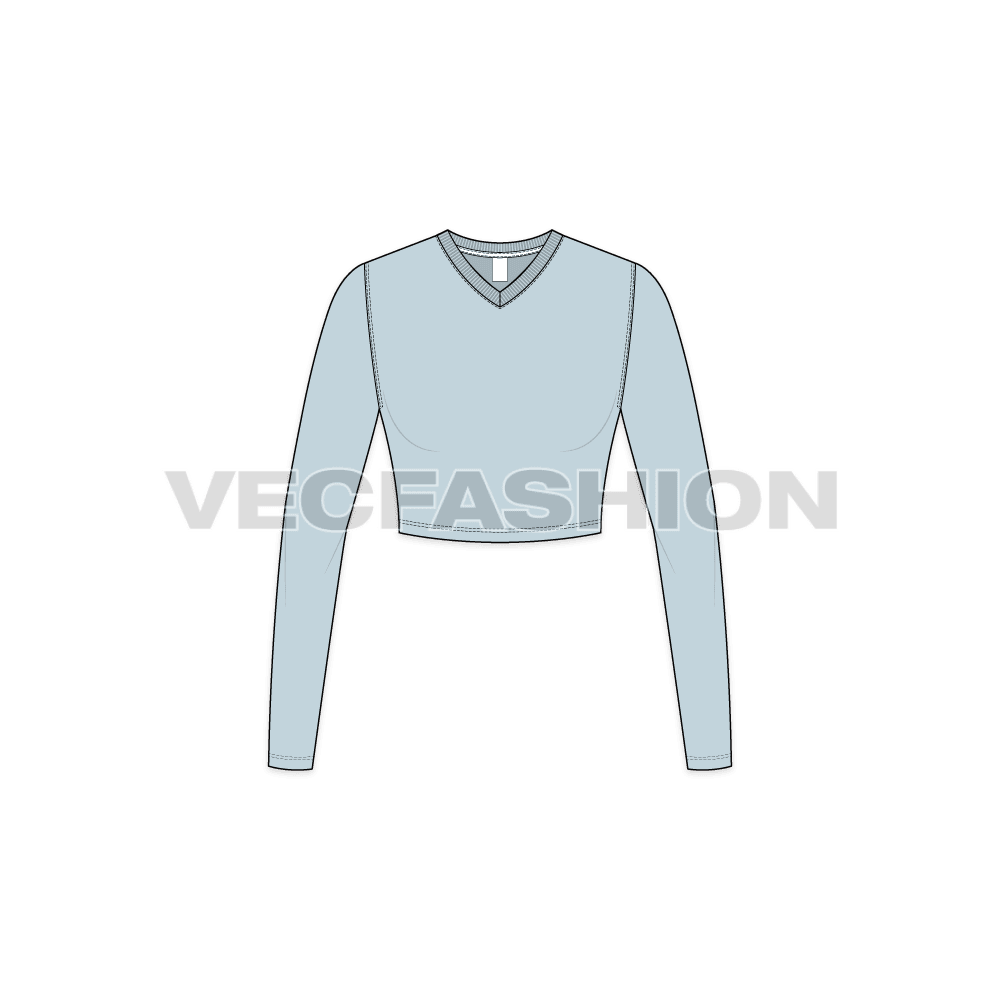 Womens long sleeve v-neck crop tee flat sketch, front view