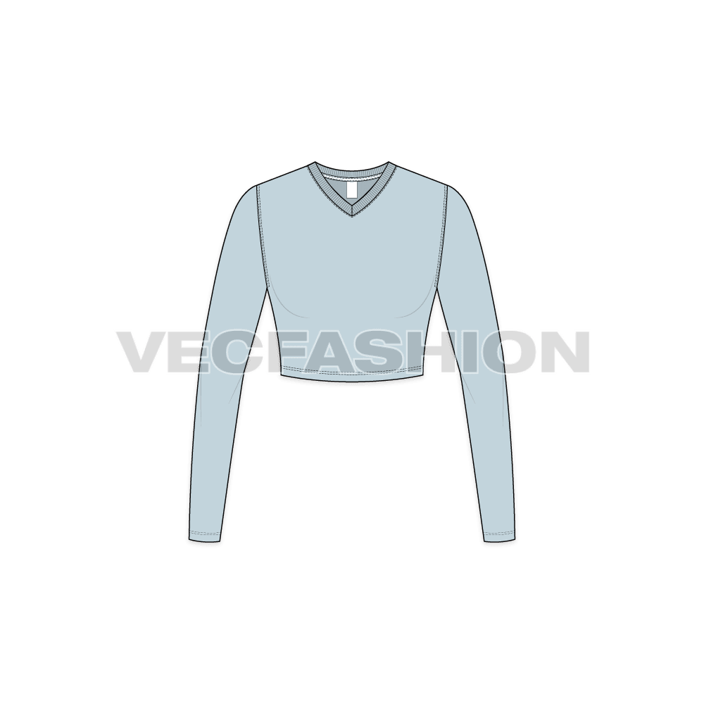 A vector fashion template for Women's Long Sleeve V-neck Crop Tee.