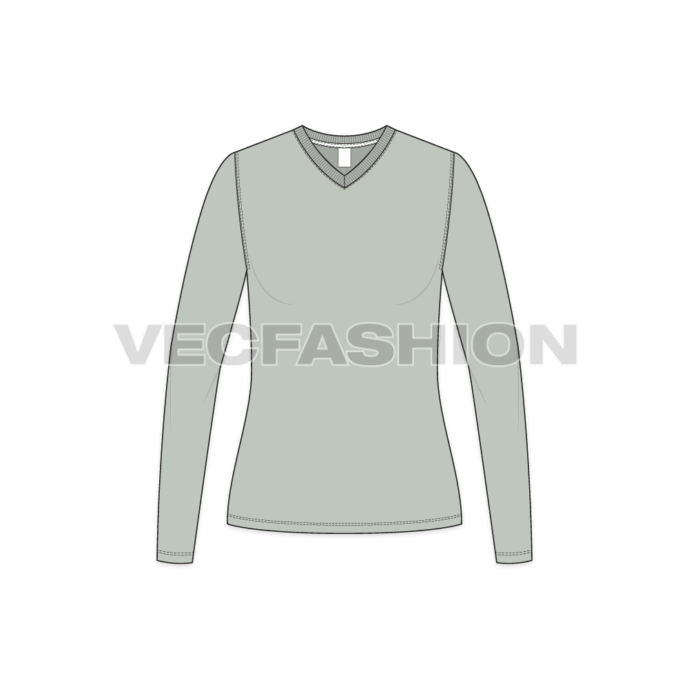 Womens long sleeve vneck t-shirt flat sketch, front view
