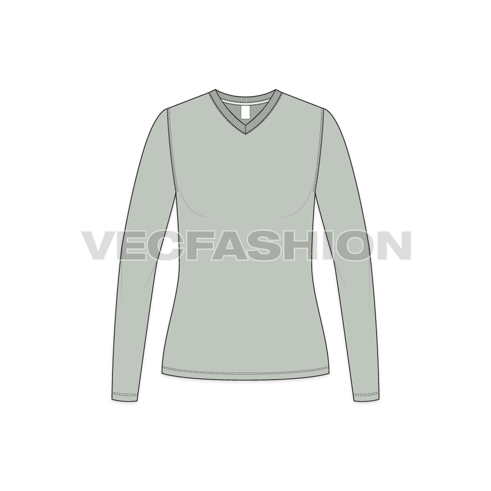 A vector fashion template for Women's Long Sleeve Basic T-shirt. It has ribbed neckline with standard finishing on hem.