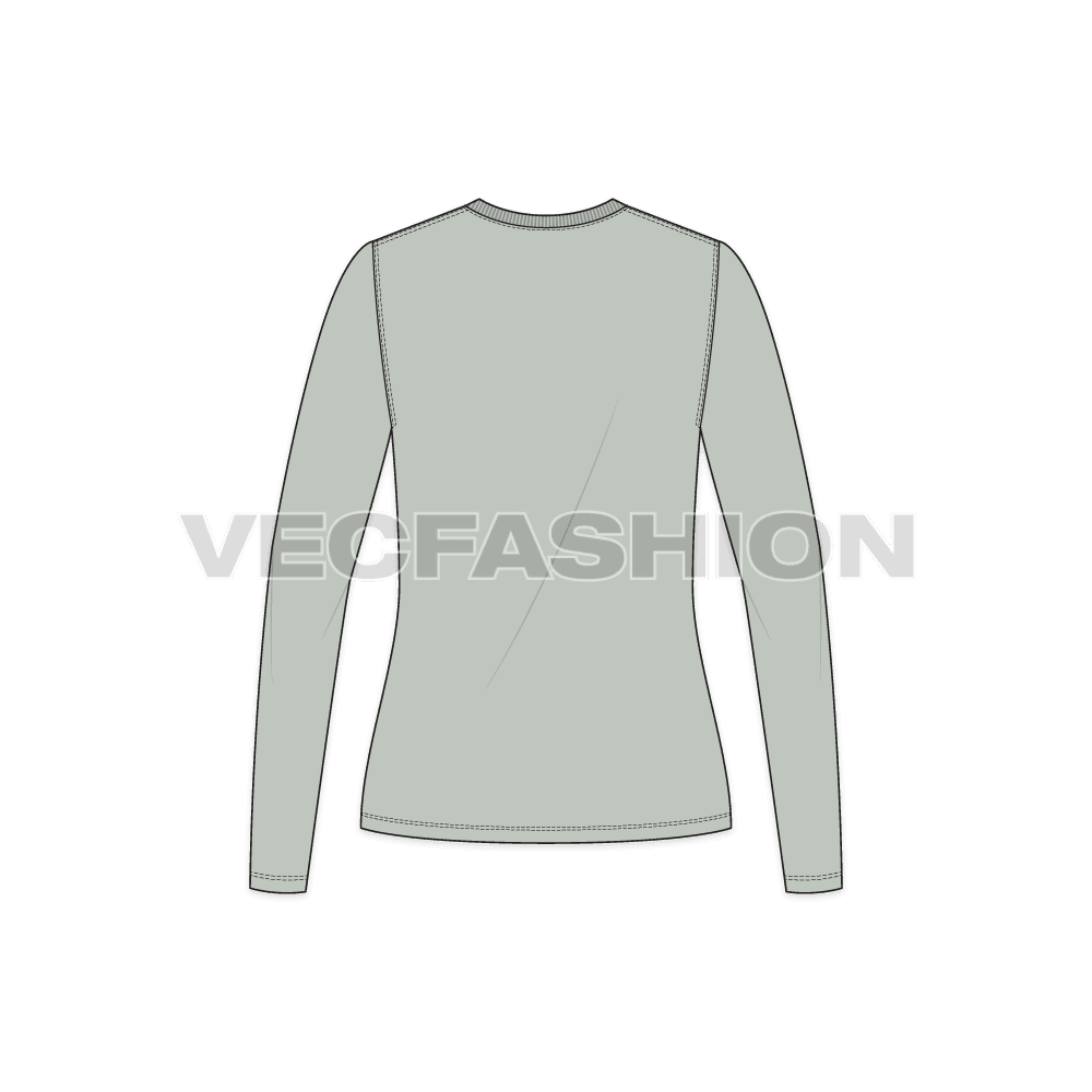 Womens long sleeve vneck t-shirt flat sketch, back view