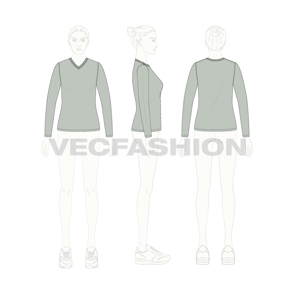 Womens long sleeve vneck t-shirt flat sketch, croqui sketch