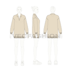 Womens long sweatshirt with open collar flat sketch, croqui sketch