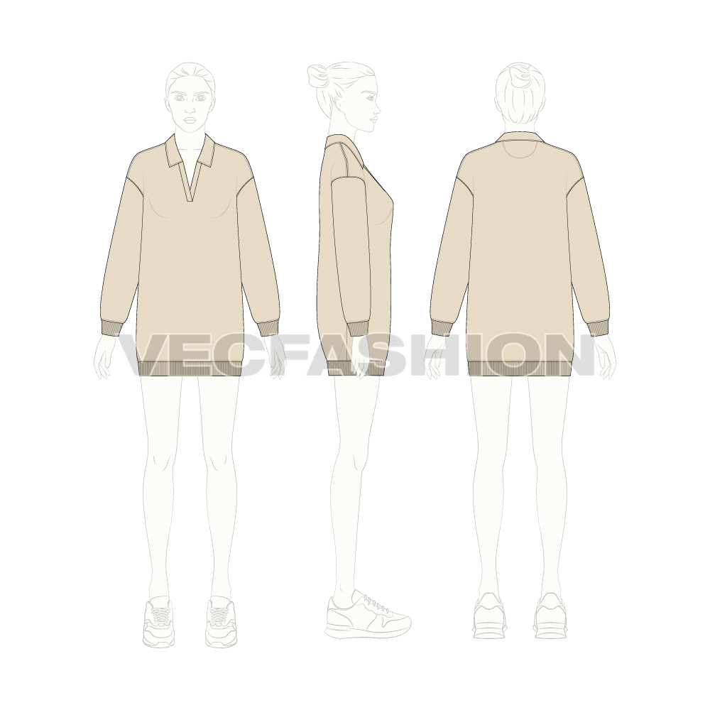 Womens long sweatshirt with open collar flat sketch, croqui sketch