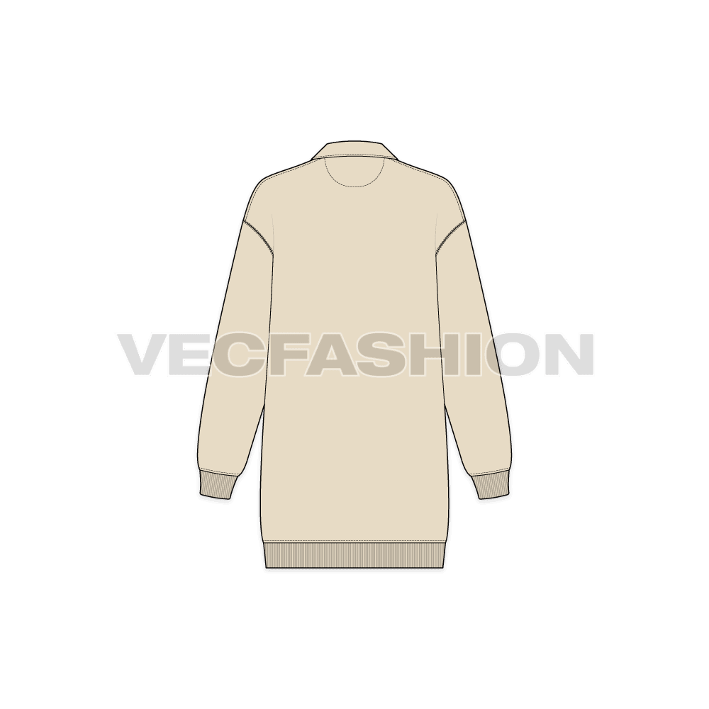 Womens long sweatshirt with open collar flat sketch, back view