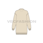 Womens long sweatshirt with open collar flat sketch, back view