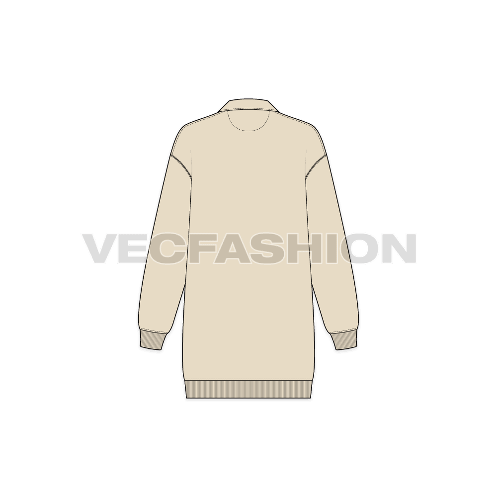 A vector illustrator sketch template of Women's Long Sweatshirt with Open Collar. It is illustrated with Front, Side and Back view. It is a front open hoodie and have ribbed cuffs on sleeves and bottom hem.