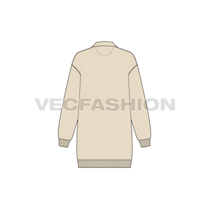 A vector illustrator sketch template of Women's Long Sweatshirt with Open Collar. It is illustrated with Front, Side and Back view. It is a front open hoodie and have ribbed cuffs on sleeves and bottom hem.